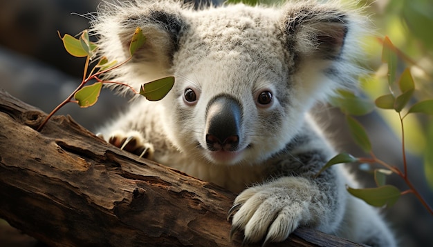 Foto gratuita un simpatico koala seduto su un ramo di un albero che guarda la telecamera generata dall'intelligenza artificiale