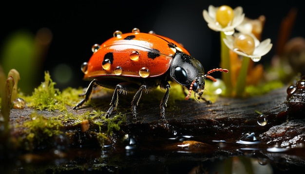 Free photo a cute ladybug crawls on a wet green leaf outdoors generated by artificial intelligence