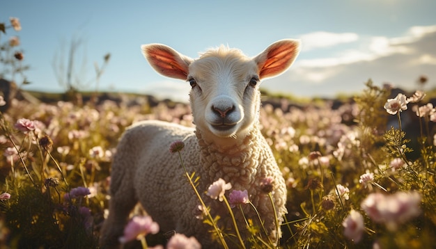Foto gratuita un agnello carino che pascola in un prato verde guardando una telecamera generata dall'intelligenza artificiale