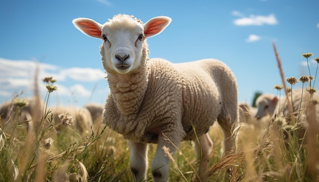 Free photo cute lamb grazing in green meadow under the sunset generated by artificial intelligence