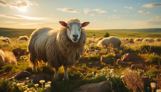 Foto gratuita un agnello carino che pascola su un prato verde circondato da un gregge di pecore generato dall'intelligenza artificiale