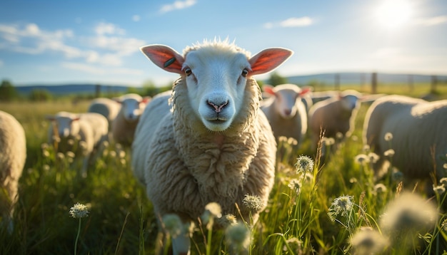 無料写真 人工知能によって生成された自然の美しさを捕まえた緑の草原で放牧する可愛い子羊