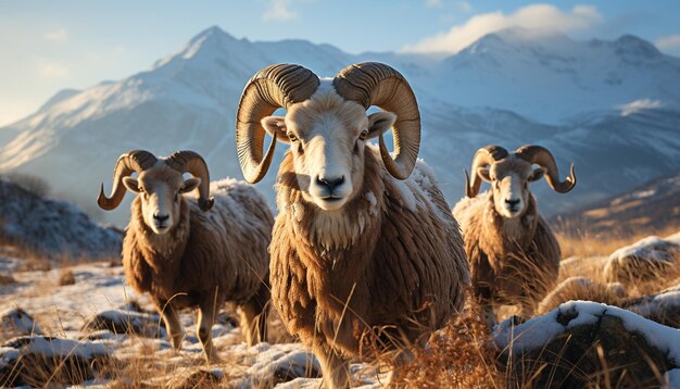 Free Photo cute lamb grazing on snowy mountain meadow at sunset generated by ai