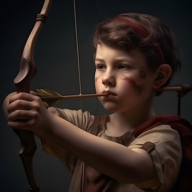 Free photo cute little boy playing with a bow and arrow studio shot