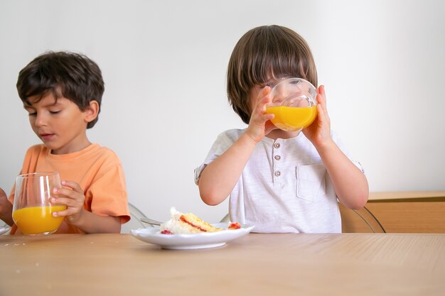 Cute little boys drinking juice and eating cake with cream. Two lovely Caucasian children sitting at table in dining room and celebrating birthday. Childhood, celebration and holiday concept