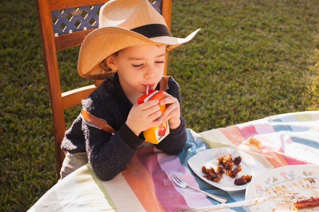 Cute little girl drinking apple juice