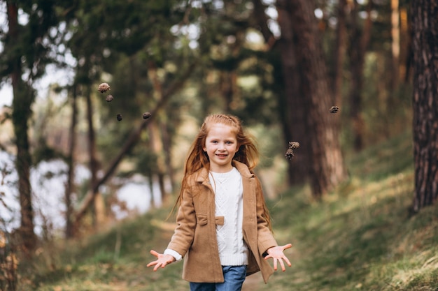 Милая маленькая девочка собирает шишки в лесу