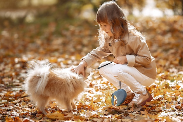 かわいい女の子が犬と一緒に秋の公園で散歩します。