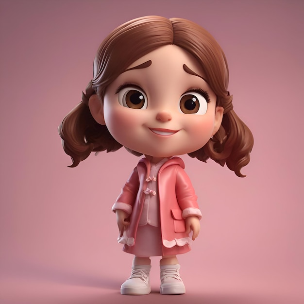 분홍색 드레스를 입은 귀여운 작은 소녀 3D 렌더링 일러스트레이션