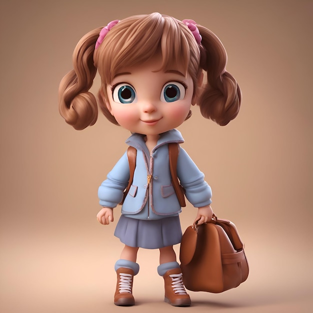 학교 가방을 들고 있는 귀여운 작은 소녀 3D 렌더 일러스트레이션