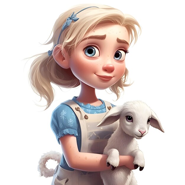 Cute little girl with a white goat on a white background