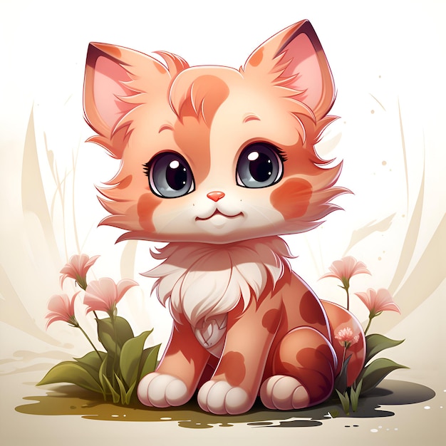 Cute little kitten sitting on the grass with flowers Vector illustration