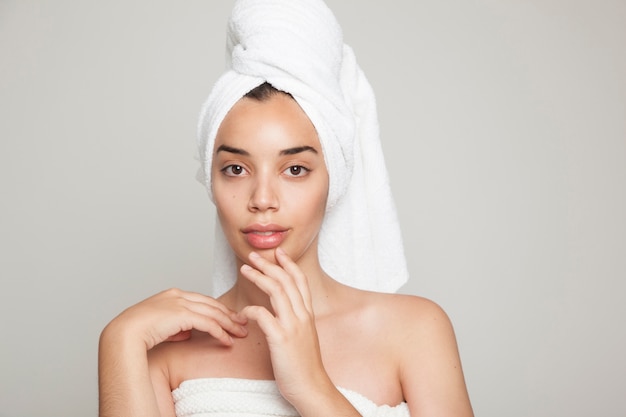 Cute model after bath in foreground