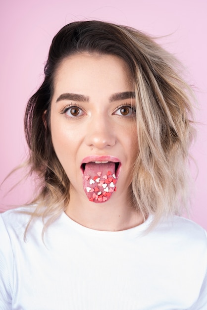 Cute model eating candy