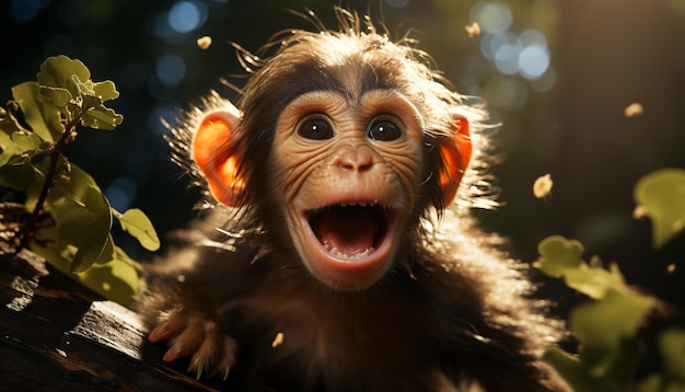 인공 지능이 생성한 카메라를 바라보는 열대 우림에 앉아 있는 귀여운 원숭이