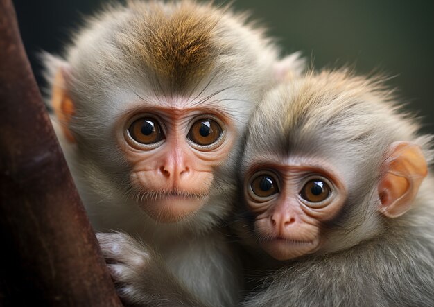함께 포즈를 취하는 귀여운 원숭이들