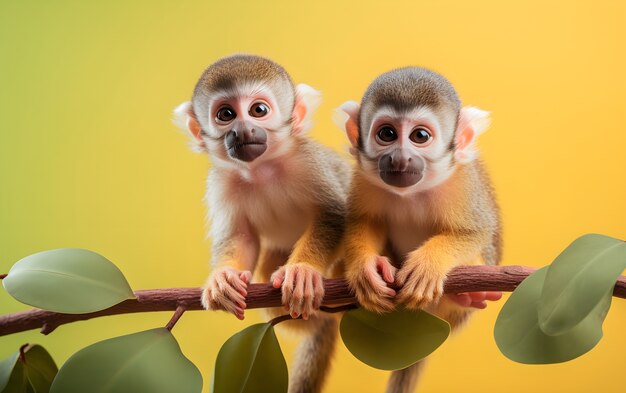 Cute monkeys on yellow background