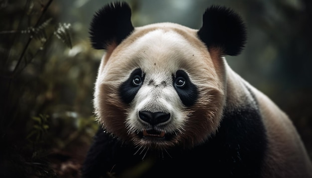 Милая панда смотрит в камеру в лесу, генерирующем искусственный интеллект