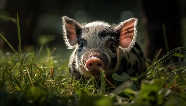 Cute piglet grazing in green meadow generated by AI