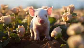 Foto gratuita cucciolo di maiale che pascola sul prato verde guardando la telecamera generata dall'intelligenza artificiale
