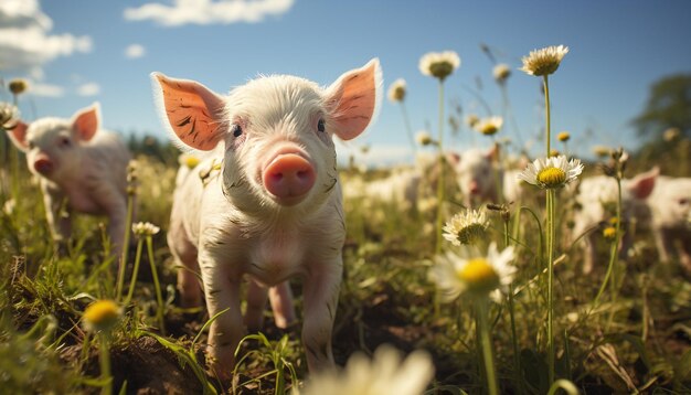 人工知能によって生成された花に囲まれた緑の牧草地で放牧されるかわいい子豚