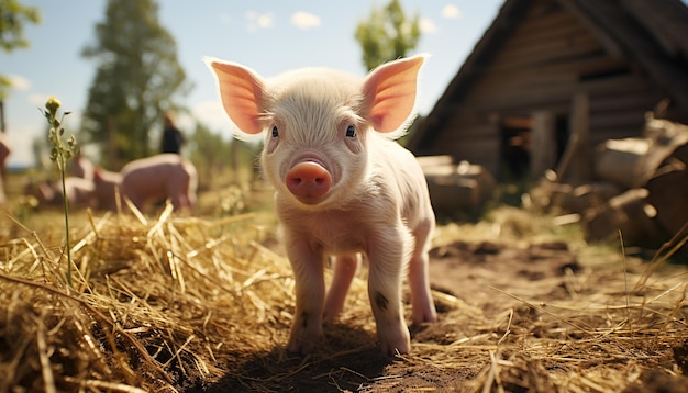 인공지능에 의해 생성된 카메라 자연의 성장을 바라보는 귀여운 돼지 새끼가 초원에서 먹이를 먹고 있습니다.