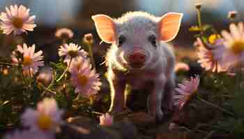 Free photo cute piglet grazing on meadow surrounded by beautiful flowers generated by artificial intelligence