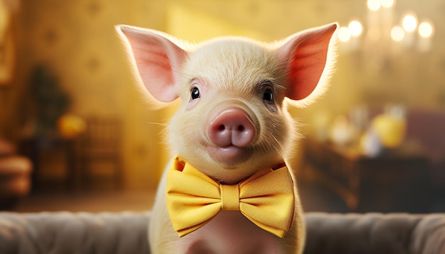 Free photo cute piglet wearing bow tie looks playful with toy generated by artificial intelligence