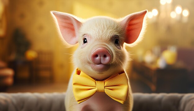Cute piglet wearing bow tie looks playful with toy generated by artificial intelligence