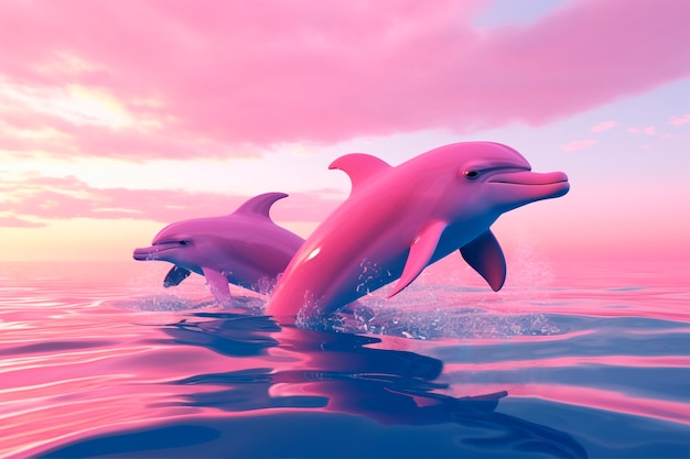 Cute pink dolphins in water
