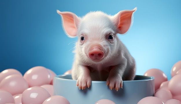 카메라를 바라보며 앉아 있는 귀여운 분홍색 돼지