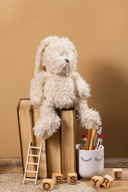 Cute plush toy and books arrangement