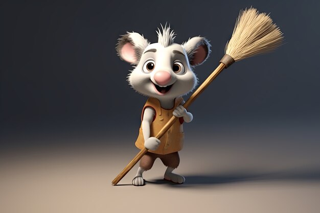 Cute possum with broom