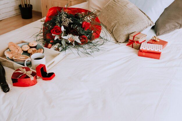 Cute presents and breakfast on bed