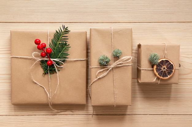 Cute presents on wooden background
