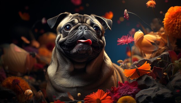 Cute pug puppy sitting in autumn looking at camera playfully generated by artificial intellingence