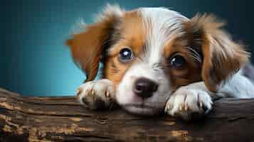 Free photo cute puppy of cavalier king charles spaniel lying on a log