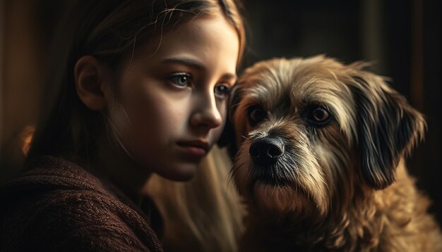 かわいい子犬と女の子がAIによって生成された愛を抱き合う