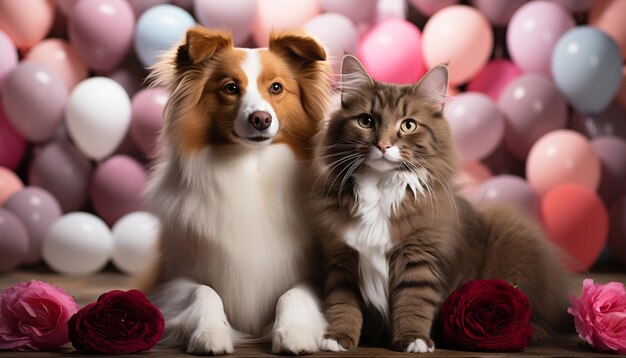 Cute puppy and kitten sitting together celebrating birthday with gifts generated by artificial intelligence