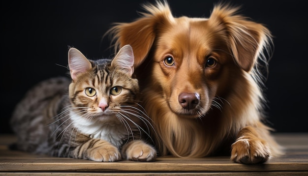 Cute puppy and kitten sitting together looking at camera generated by artificial intelligence