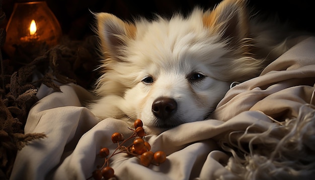 Cute puppy lying down fluffy fur enjoying nature beauty generated by artificial intelligence