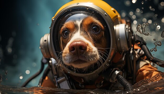 Free photo cute puppy on motorcycle wearing headphones looking at camera generated by artificial intelligence