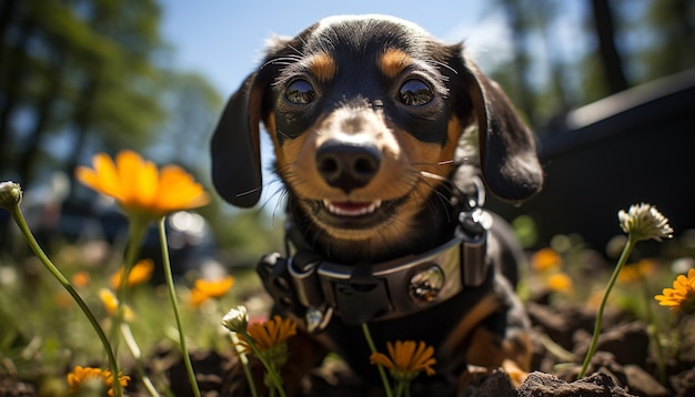 人工知能によって生成された美しい花に囲まれた草で遊んでいる可愛い子犬