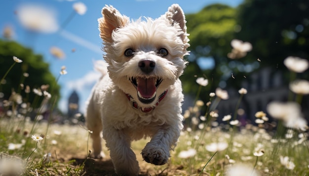 人工知能によって生成された晴れた日を楽しむ緑の芝生で遊ぶかわいい子犬
