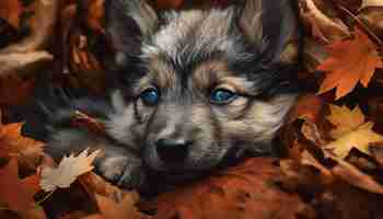 無料写真 人工知能が生成した紅葉に囲まれた秋の森で遊ぶかわいい子犬