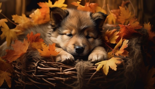 無料写真 人工知能が生成した自然に囲まれて紅葉の中で遊ぶかわいい子犬