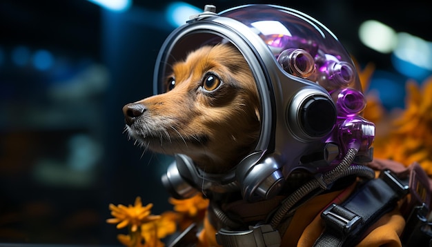 Free photo cute puppy playing outdoors with a small motorcycle helmet generated by artificial intelligence