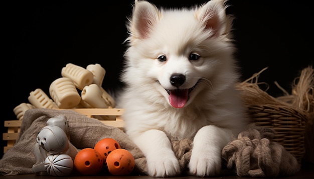 Free photo cute puppy playing with toy looking at camera happily generated by artificial intelligence