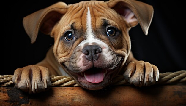 Cute puppy purebred bulldog sitting outdoors looking at camera generated by artificial intelligence