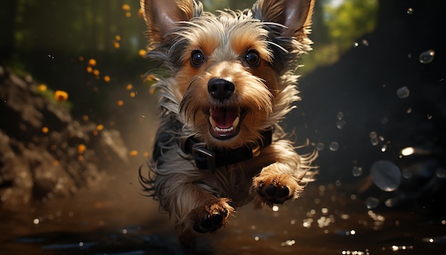 Free photo cute puppy running outdoors wet fur looking at camera generated by artificial intelligence